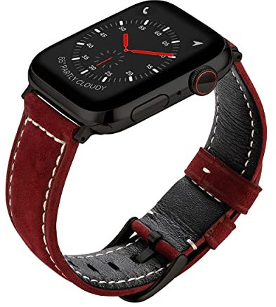 Buckle & Band Mila Suede Leather Compatible Apple Watch Strap Red Genuine Leather Suede Band with Black Buckle for Series 1, 2, 3, 4, 5, 6, 7 42mm, 44mm, 45mm, 49mm Ultra