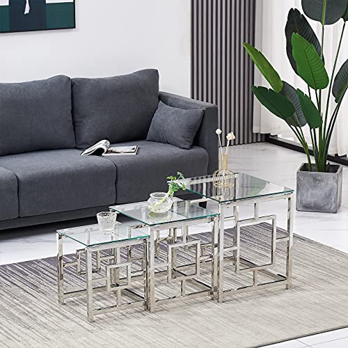 JYMTOM 3er-Set Satztisch Couchtisch Beistelltisch aus Edelstahlgestell und Hartglas für Wohnzimmer modernes Design Sofatisch für Wohnzimmer Cafè und Bar (Silver A, transparentes Glas)