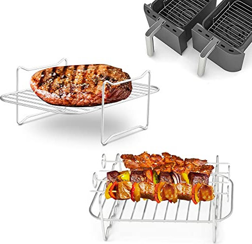 2Pcs Air Fryer Rack, 304 Stainless Steel Grilling Rack with 4 Barbecue Sticks, Air Fryer Rack for Double Basket Air Fryers Accessories