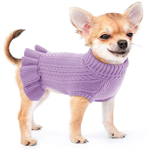 Weicher Warmer Hund Pullover, Klassischer Zopfstrick Haustier Katze Hundepullover, Prinzessin Hund Kleid für Kleine Hunde Katze Mädchen Bekleidung, Purple M
