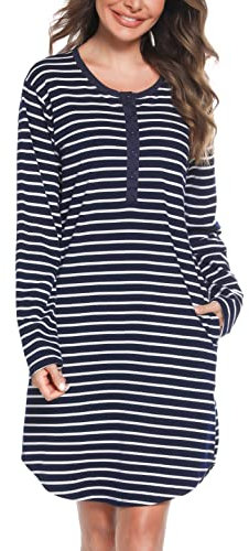 Vlazom Ladies Cotton Nightdresses,Soft Stripes Nightshirt for Women Long Sleeve Sleep Dress Sleepwear with Pockets, A-Navy, M