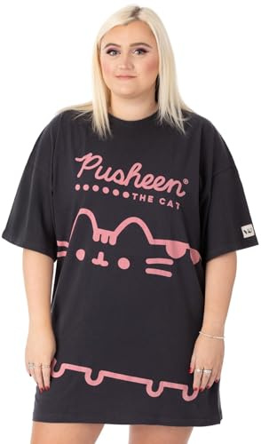 Pusheen the Cat Pusheen Womens T-Shirt Dress | Charcoal Grey & Pink Oversized Graphic Tee for Ladies | Cartoon Tabby Cat Outfit | Cute Fashionable Merchandise Gift Top for Adults