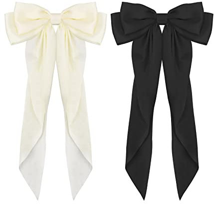 2 Pièces Pince à Cheveux Noeud, Grand Elastique Cheveux, Clip Nœud Papillon Visage en Soie pour Filles et Dames (Noir, Blanc)
