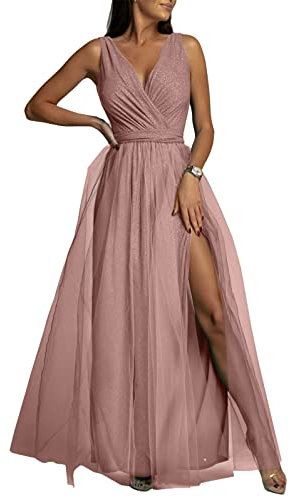 Tomwell Robe de Cocktail Femme Élégante Col en V Longue Party Dress Sexy Chic Tulle à Paillettes A-Line Soirée Couleur Unie B Rose S