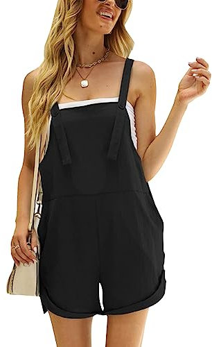 KOEMCY Latzhose Damen Kurze Jumpsuit Ärmellos Overalls Sommer Playsuit Hosenanzug Lässige Hosenträger Shorts Loose Fit Romper mit Taschen (Schwarz, L)