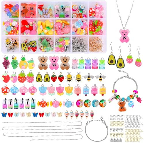 Jodimitty 228 Stück Charms Anhänger Blume Avocado Erdbeere Kirsche Pilz Charms Set für Ohrringe Halsketten Armband, Bubble Tea Bär Schmetterling Schmuck Anhänger, DIY Geschenk für Mädchen(18 Farben)