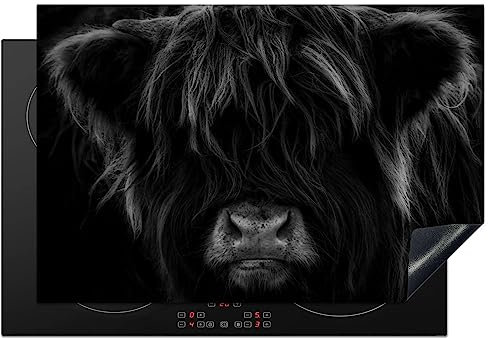 KitchenYeah© Induction Hob Protector Mat 20.5x30.7 / 78x52 cm Stove Cap Top Cover Kitchen Cooker Covers for Electric Hobs Vinyl Scottish Highlander - Cow - Black - White - Animals