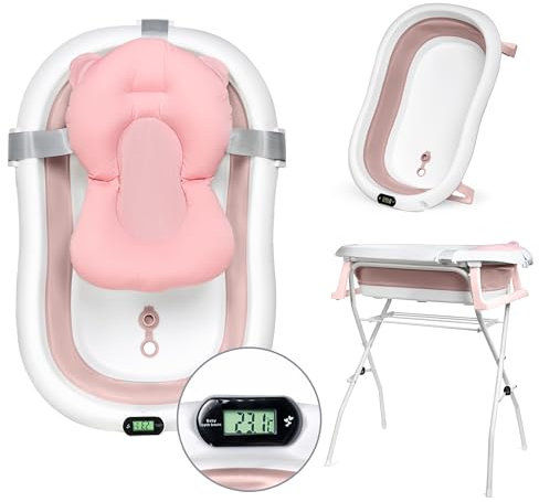 moovkee. Bañera Bebe con Patas 80cm - Banheira Bebe con Soporte - Bañera Plegable Bebé con Termómetro - Bañeras para Bebes Plegables con Cojín de Baño