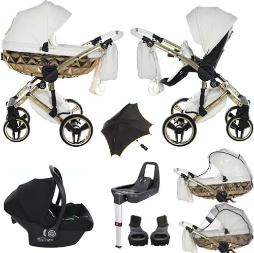 Original Junama Diamond Hand Craft Modulare Systeme Kombikinderwagen 2in1 3in1 4in1 + Original Zubehör Exclusive Prams (4in1 (mit ISOFIX Basis), 08 weiß/gold)