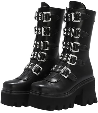 NMMAX Womens Gothic Wedge Platform Chunky High Heel Zipper Punk Girls Boots Buckle INS Mid-calf Motorcycle Ankle Riding Combat Shoes,Black,UK 11