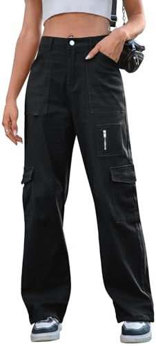IVIR Cargohose für Damen, hohe Taille, weites Bein, Freizeithose mit 7 Taschen, dehnbarer Kordelzug, Baggy Y2K Hose