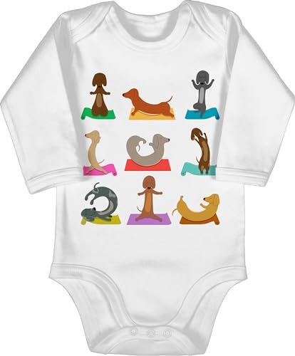 Baby Body langarm Mädchen Junge - Hunde - Dackel Yoga Dackel Lustig - 6/12 Monate - Weiß - hund dackelmotiv babykleidung mit bodys strampler