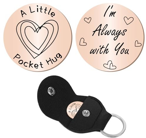 CREATCABIN Jeton de Câlin Poche Souvenir Relation Longue Distance Acier Inoxydable Double Face Pièce Monnaie Poche avec Porte-Clés Cuir PU pour Femmes Hommes Collègues Cadeaux D'Amitié 3x3cm(Argenté)