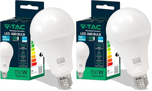 V-TAC LED Glühbirne A80 20W (entspricht 150W) - 2452 Lumen - Maximale Effizienz und Energieeinsparung LED Lampe - 4000K Neutralweiß - LED Glühlampe (Packung mit 2)
