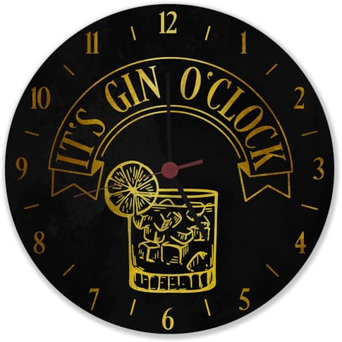 speecheese It's Gin O'Clock Wanduhr mit gelber Schrift Witzige Uhr mit Ginspruch Spruch für Ginfans Alkohol als passende Deko für die Kneipe oder die Hausbar