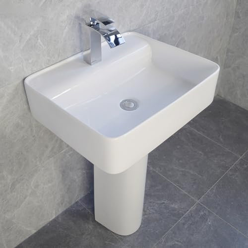 Lavabo Pedestal Fregadero de pedestal de cerámica para baño, Fregadero de pedestal independiente de una pieza, con grifo de agua fría y caliente, Fregadero de pedestal blanco brillante