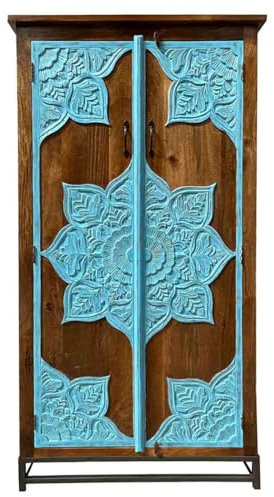 Indischer Schrank Jaspal aus Mangoholz mit aufwendiger Verzierung Rustikal Oriental Schlafzimmer Braun Türkis 190cm