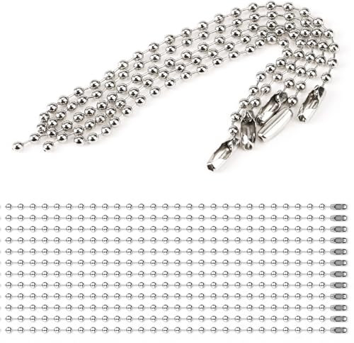 100Pcs Silver Ball Beads Chain - 4.72 Inches, 2.4mm Diameter with Ball Connector Clasp Keychain Rings, Metal Rings for Crafts Dog Tag Chain