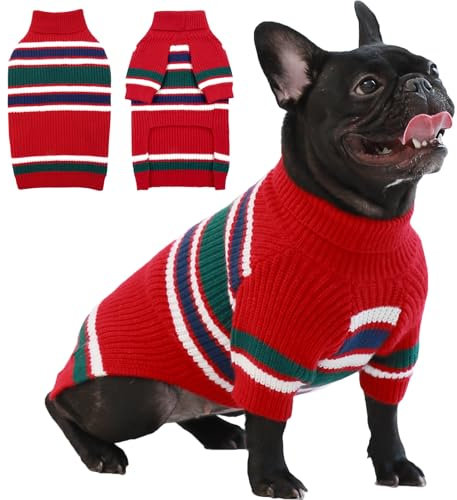 IECOii Hundepullover für Große Hunde, Rüden und Hündinnen - Warmer Weihnachts-Pullover, Gestreift für Mädchen, Winterkleidung für Französische Bulldoggen, L