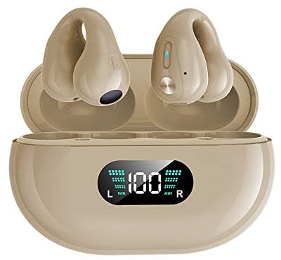 SLuB Auriculares Conduccion Osea, Auriculares Oreja Abierta, Deportivos con Clip para la Oreja, Bluetooth 5.4, Sonido Estéreo HiFi, Adecuado para Correr, Fitness (Caqui)
