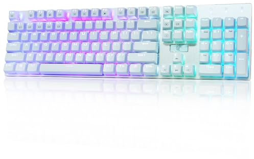 E-Yooso Z-88 RGB Mechanische Gaming-Tastatur,US-Layout(QWERTY) Verkabelte USB-Kabel,Anpassbare RGB-Beleuchtung, Blaue Schaltern – Klicken,Metallpanel Platte Tastatur,104 Tasten für Mac, PC,Weiß