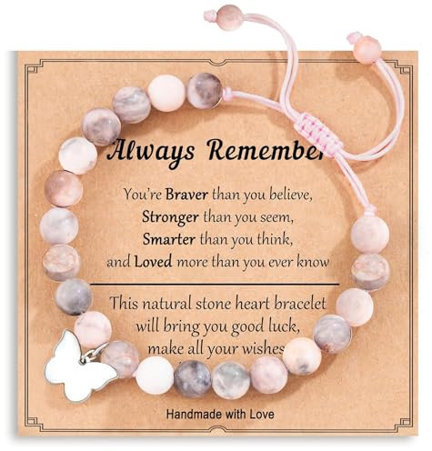 Mezrkuwr Schmetterlingsanhänger Rosa Naturstein-Armband, Schmuckkarte, Geburtstagsgeschenke für Mädchen, Geschenkideen zum Mädchengeburtstag für Tochter, Geschenke