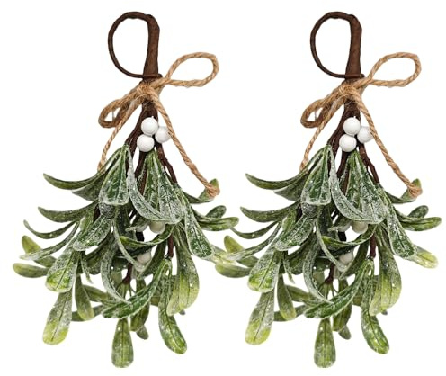 LYNNPENG 2 Stück Weihnachts Mistelzweig Dekoration, Künstliche Mistelzweige mit Weiß Beeren, 23cm,Romantischer Kuss unter dem Mistel