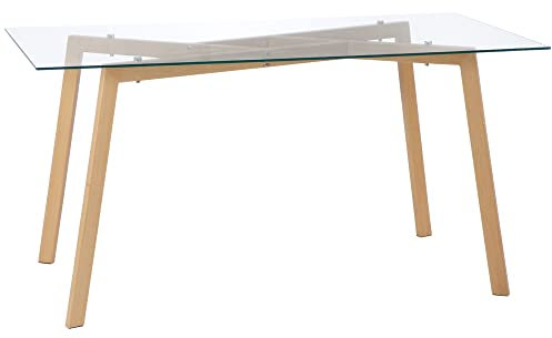 HOMCOM Mesa de Comedor para 6 Personas Mesa de Cocina Moderna con Tablero de Vidrio Templado y Patas de Acero con Efecto Madera para Salón 150x75x76 cm Transparente
