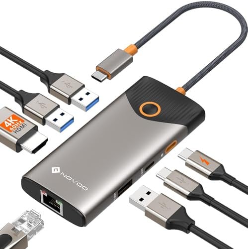 NOVOO USB C Hub 4K@60Hz HDMI Gigabit Ethernet 7-in-1 USB C Adapter MacBook Pro Air Dock,4K HDMI,3USB-A+1USB-C Datenanschlüsse,100W PD Docking Station für MacBook,Surface,Dell und mehr Typ C Geräten
