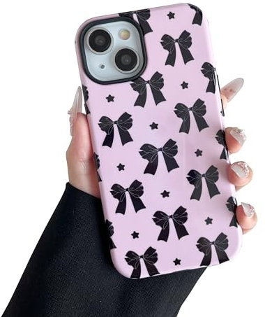 DEFBSC Case for iPhone 14 Plus/iPhone 15 Plus, Cute Ribbon Bowknot Print Aesthetic Trendy Pattern for Women Girls Slim Durable Bumper Shockproof Hybrid Hard Back Phone Cover, Star/Glossy