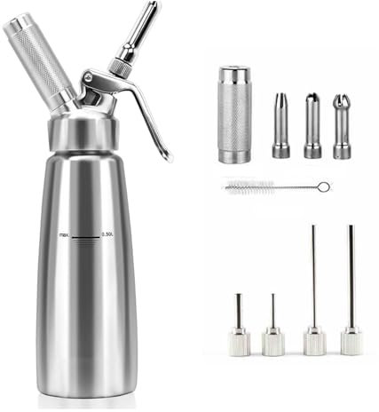 THYXGS Sahnespender Aus Aluminiumlegierung, 500 Ml/1 Pt Sahnesprüher, Mit 3 Dekorationsdüsen Und Reinigungsbürste, Leicht Zu Reinigen, Für Desserts, Kaffee