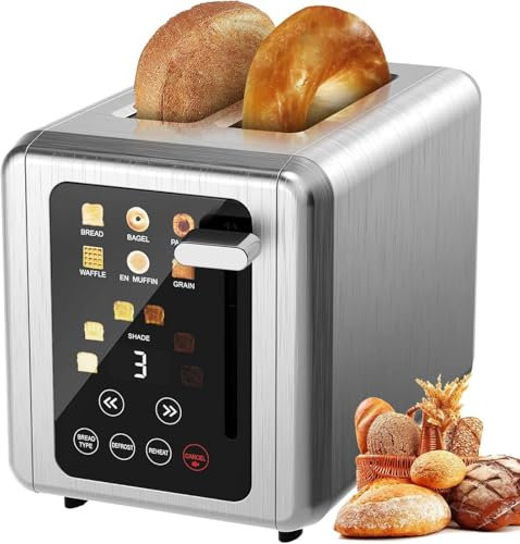 Smart Touchscreen Toaster 6 in 1 - Stainless Steel 2 Slice Wide Slot with 6 Bread Types, 6 Shade Settings, Defrosting Function & Timer for Home Kitchen