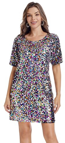 Damen Paillettenkleid Sparkly Rundhals T-Shirt Kleid Halbarm Glitzer Night Out Party Club Shift Kleider