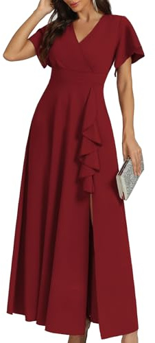 COOAN Frauen Schwarz Lang Formelle Kleider Cocktail Hochzeit Gastkleider Rüschen Teilung Elegant V Hals Party Kleider