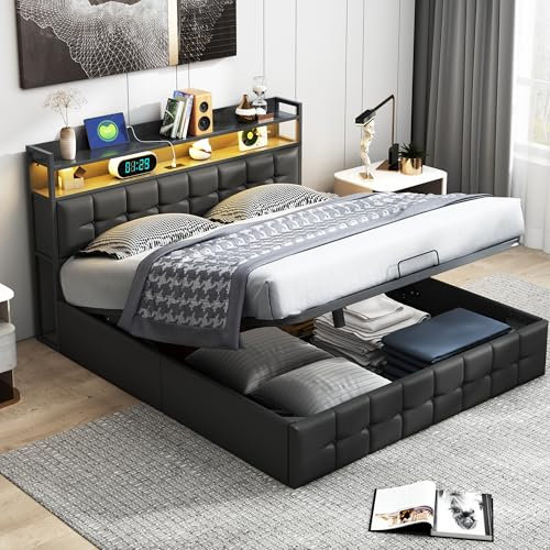 Polsterbett 160x200cm, Doppelbett Bettanlage, Stauraum Kopfteil mit LED & USB Ladefunktion, Modern Polsterbett mit Stauraum, Lattenrost aus Holz ohne Matratze, Schwarzes