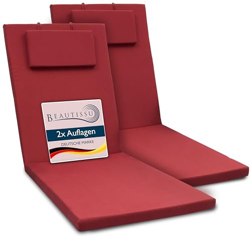 Beautissu 2er Set Gartenliege Auflage Sonnenliege UV-beständig Polster | 200x60x5cm Rot Liegestuhl Liegenauflage Gartenmöbel Polsterauflagen UV-Beständige Sonnenliegen Reißverschluss Loft RL