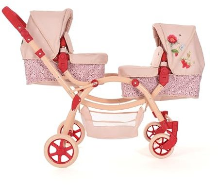 Roma RHS Twin Puppenwagen, Modell Flora, Doppel-Kinderwagen für 3+ Jahre, cremefarben und beerenrot, umweltfreundlicher recycelter Stoff, verstellbarer Griff 69–84 cm, RHS-Drucke, drehbare Räder