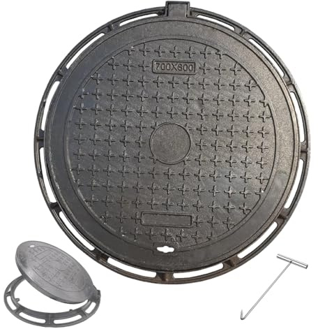 Couvercle de Regard Ronds Noirs et Cadre, Regard Eau Pluviale en Fonte Ductile avec Crochet Leve Plaque, Plaque Egout Extérieur Antidérapant et Antivol pour Cours, Allées et Trottoirs(50x50cm/20x20in)