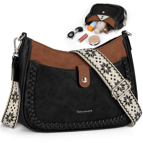 RAINSMORE Umhängetasche Damen Mittelgroß Schultertasche mit Breiten | Handtasche Damen PU Leder Crossbody Bag Damen für Alltag, Reise
