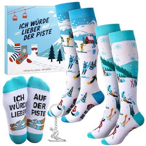 Jadive 4-Teiliges Skifahrer Geschenkset 2 Paar Skisocken Schlüsselanhänger | Schlüsselanhänger, Wintersport-Grußkarte mit Skimotiv, Verpackungsbox Skifahrer-Geschenk