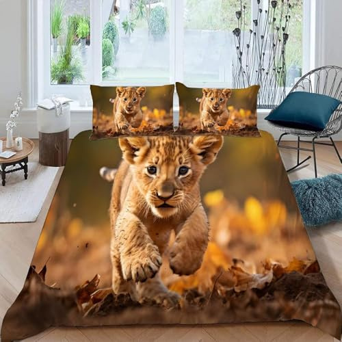 Löwe Bettwäsche 140x200 cm Wildtiere Bettwäsche-Sets Superweich Mikrofaser 3 Teilig Haben 1 Bettbezug und 2 Kissenbezüge 80×80cm mit Reißverschluss V.2906