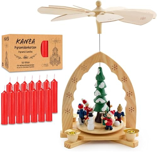 BRUBAKER Weihnachtspyramide inkl. 50er Pack Pyramidenkerzen Rot - 30 cm Holzpyramide Weihnachtsbaum mit Winter Szene - 1-stöckige Pyramide Weihnachten - Tischpyramide mit Holz Figuren Handbemalt