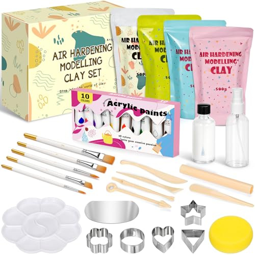Töpferset für Zuhause für Anfänger 36 Teiliges, 2kg Lufttrocknender Ton, mit Glanzlack, Farbe, Werkzeugset, Pinsel, Schwamm, Töpfern ohne Brennen, für Erwachsene und Kinder für Kreative Projekte