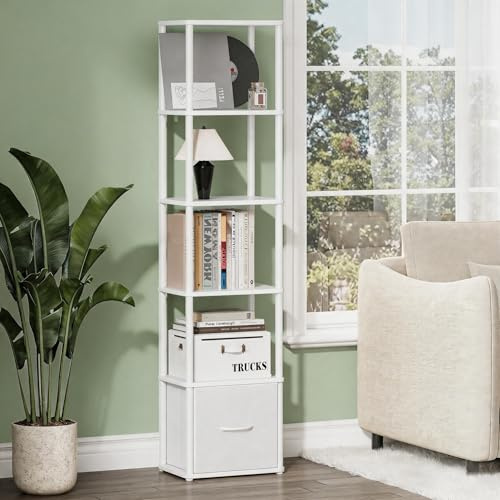 YAUKTAK Schmal Bücherregal 6-Stöckiges Regal Offenes Bookshelf Regale mit Schublade Modern Farmhouse Möbe für Wohnzimmer Homeoffice Esszimmer Weiß HBC505W