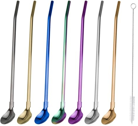 Wellrun 7Pcs Stainless Steel Straw Spoon Set with 1 Cleaning Brush, Reusable Metal Drinking Straws with Spoon Head,2-in-1 Design for Smoothies,Milkshakes,Coffee,Tea,Cocktails(Threaded)