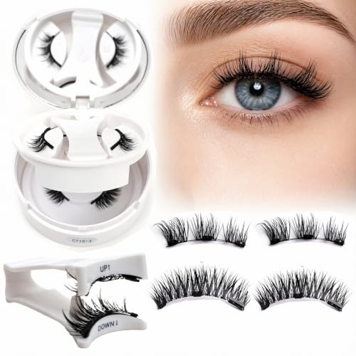 Lot de 2 Paires de Faux Cils Magnétiques sans Eyeliner - Sans Colle avec 3 Aimants & Point Argenté pour Différencier - Effet Naturel 3D, Réutilisable - Pince UP/DOWN & Boîtier avec Miroir Inclus