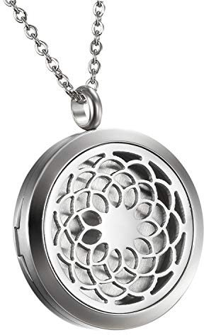 Flongo Aroma Diffuser kette Aromatherapie: Duft Halskette für Ätherische Öle Blume Edelstahl Duftkette mit 6 Farbigen Filz Pads ölpads Silber für Damen Frauen