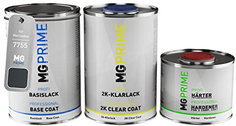MG PRIME Car paint Can set for Mercedes 7755/755 Tenoritgrau Metallic/Steel Grey Metallic Base coat 2K clear coat hardener ready-to-spray 2.5l