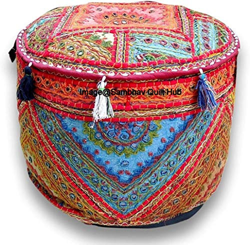 Dekorativer Multi-Patch, indische Hippie-Stickerei, Vintage-Baumwoll-Bodenkissen und Kissen, Patchwork, Sitzsack-Bezug, Boho, Bohemian, handbestickt, handgefertigt, Pouf, Ottomanen-Bezug (45,7 x 33