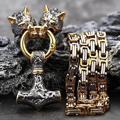 QQTQQ Viking Thors Hammer Wolf Kopf Amulett Anhänger, Fenrir Halskette, schwere byzantinische Kette Mythologie Rune Mode Unisex Schmuck,WolfheadA-60CM